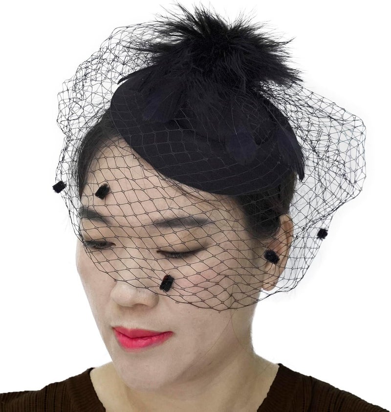 HIWIND Store Fascinators Hat Women Tea Party Pillbox Veil Cocktail Mesh Hat B-Black - Image 3